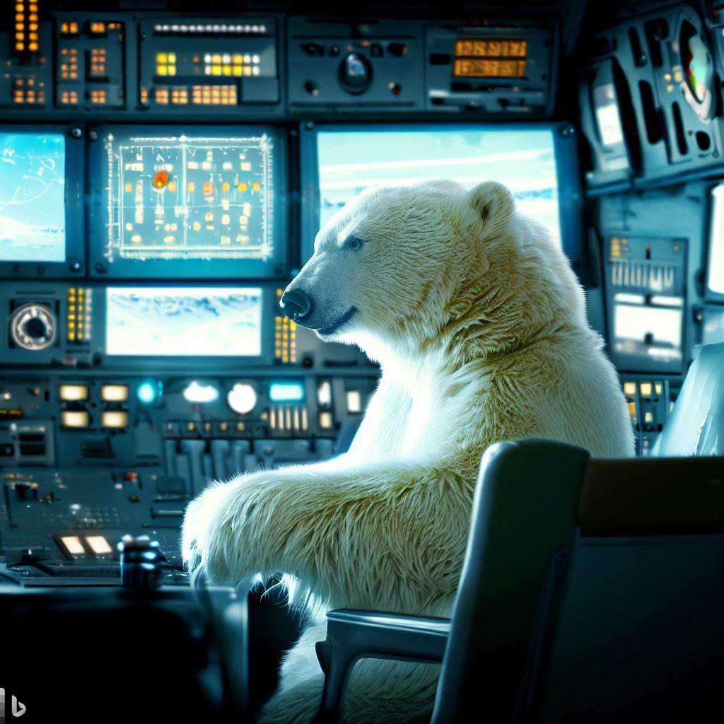 AI Image - Polar bear in the control room.